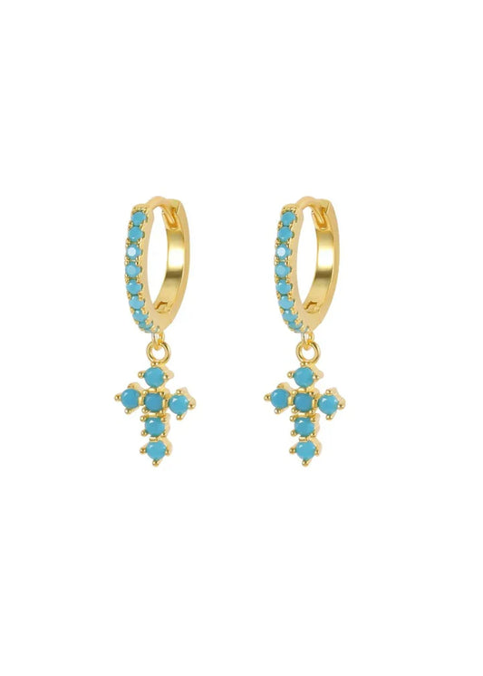 Turquoise Cross Huggies Hoops
