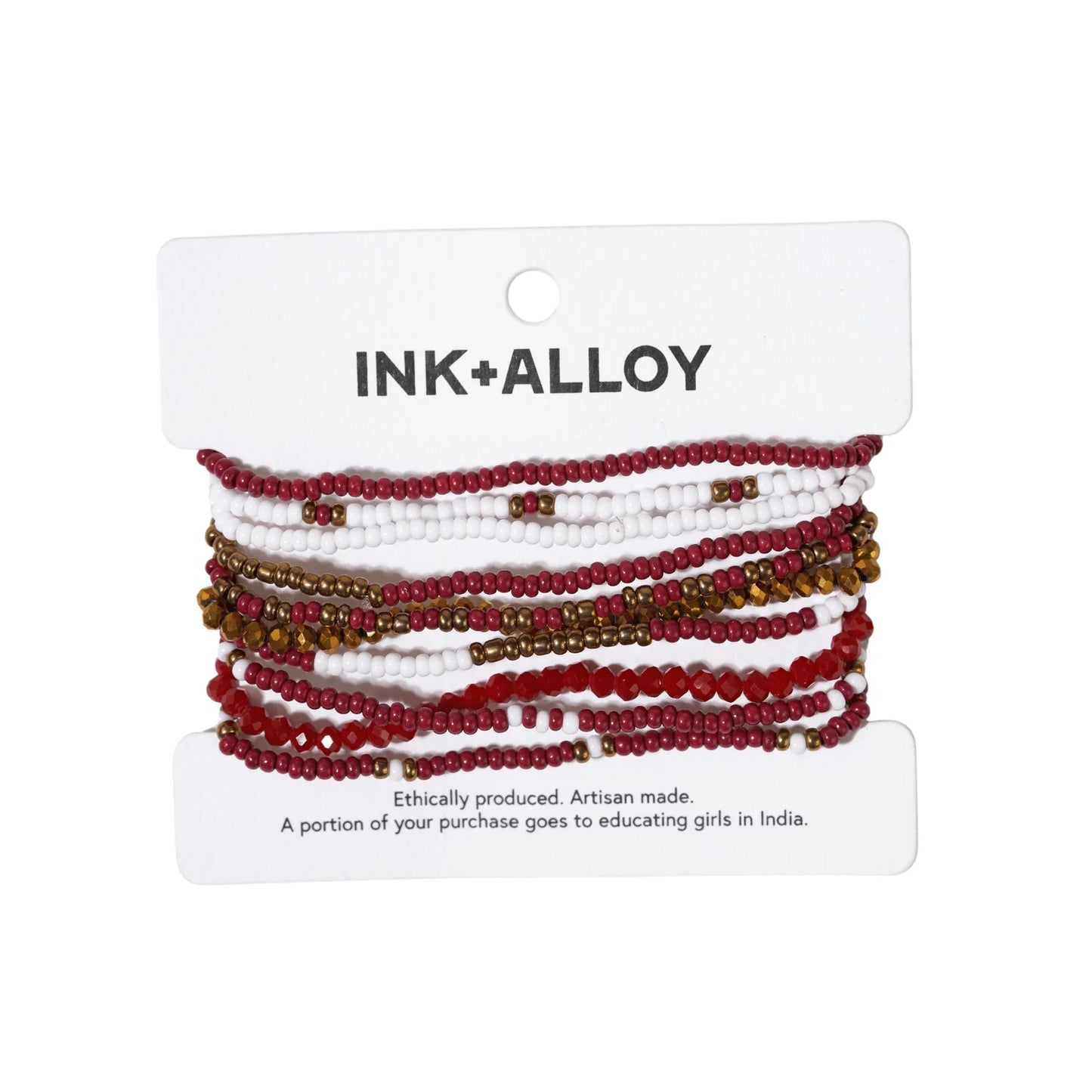 Sage color block beaded 10 strand stretch bracelets gold + dark red