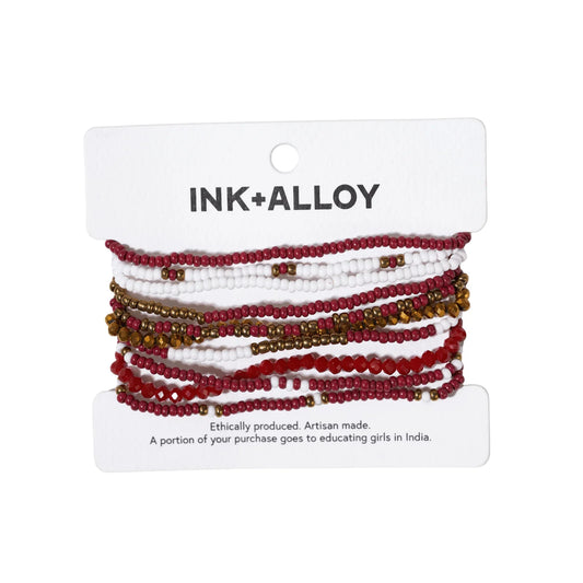 Sage color block beaded 10 strand stretch bracelets gold + dark red