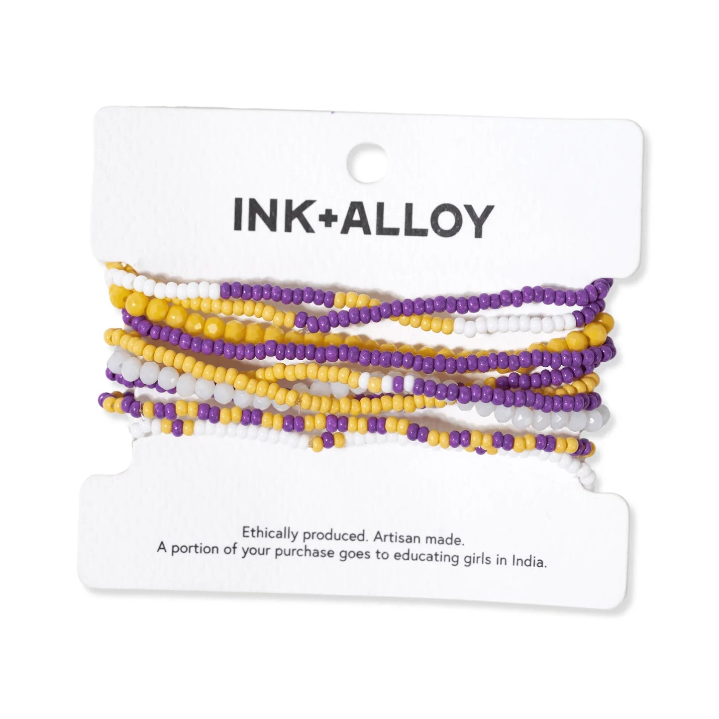 Sage color block beaded 10 strand stretch bracelets dark purple + yellow