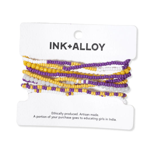 Sage color block beaded 10 strand stretch bracelets dark purple + yellow