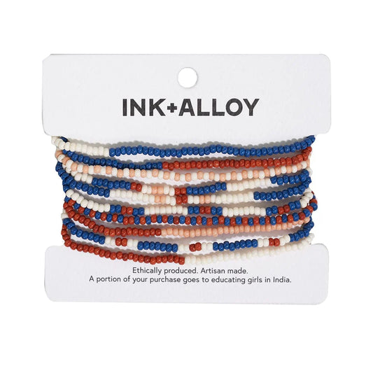 Sage Mixed Stripe Beaded 10 Strand Stretch Bracelet Set Rust + Lapis